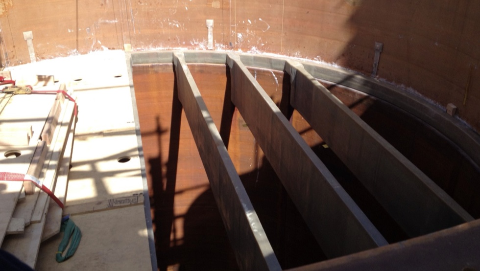 Inside a large tank during lining and fabrication